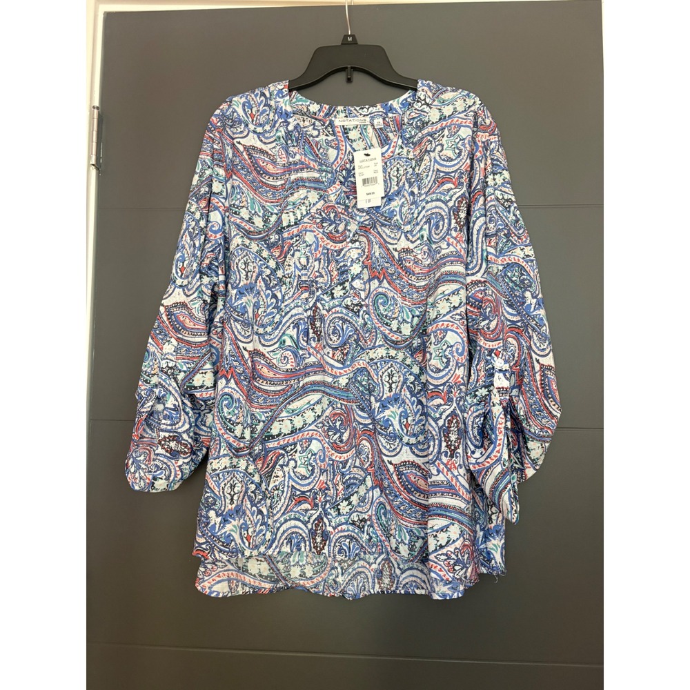 Notations Woman Paisley Roll Tab Sleeve Pintuck Tunic Blouse Blue Red 2X NWT